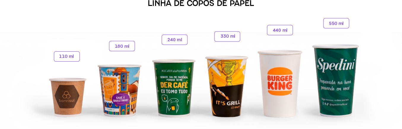 Linha de copos de papel Boxbe: 110ml, 180ml, 240ml, 330ml, 440ml e 550ml
