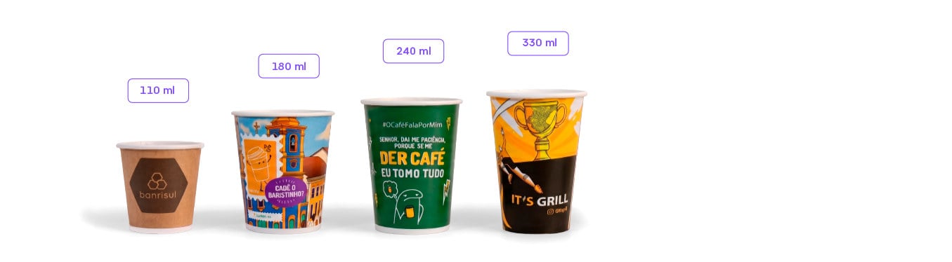Linha de copos de papel Boxbe para conveniências: 110ml, 180ml, 240ml e 330ml